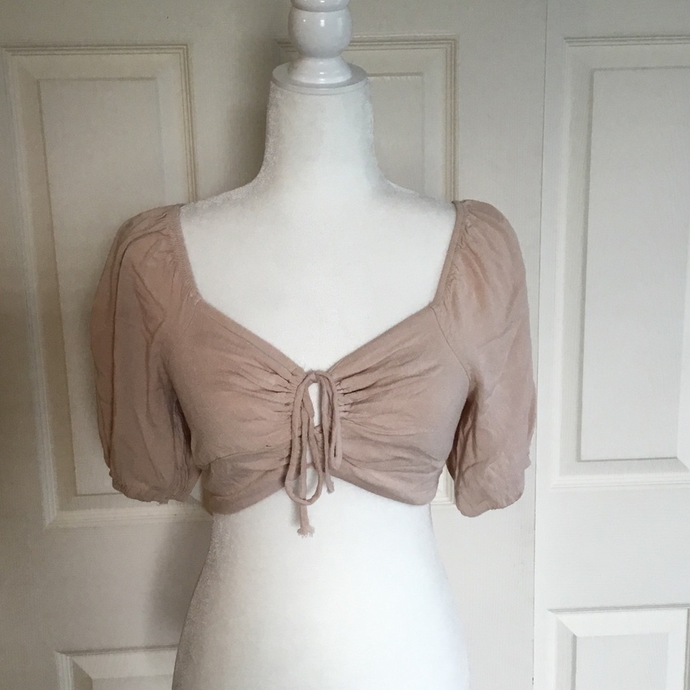 Wild Fable Boho Cottagecore Ruched Tie-Front Puff Sleeve Crop Top in Nude Pink.